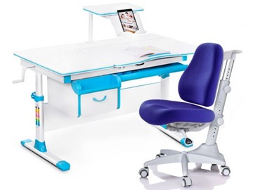 Комплект растущая парта + стул Mealux EVO Evo-40 BL (арт. Evo-40 BL + Y-528 SB) / (стол+полка+кресло) / белая столешница / цвет пластика голубой в Пскове