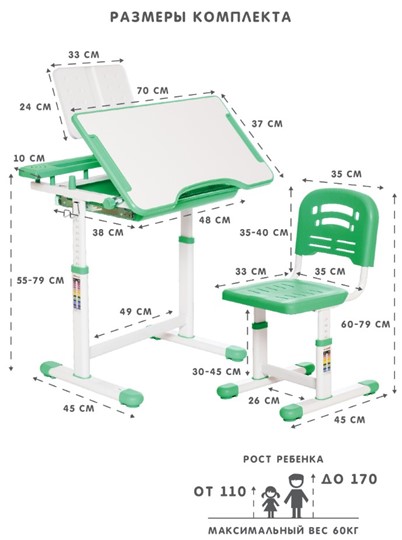 Растущий стул и растущая парта SET HOLTO-17А, зеленый в Пскове - изображение 11